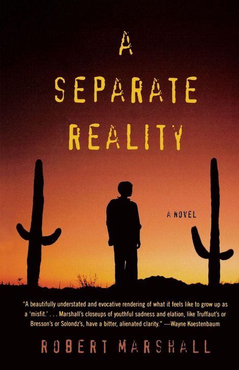 „A Separate Reality“, ein Roman von Robert Marshall. Silhouette einer Person zwischen zwei Kakteen bei Sonnenuntergang.