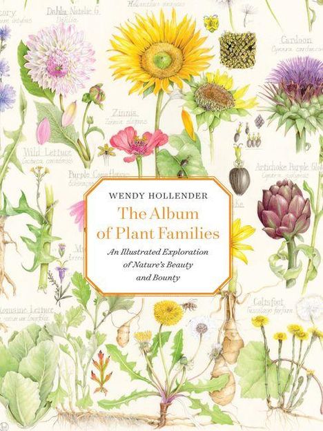 Text: "Wendy Hollender, The Album of Plant Families, An Illustrated Exploration of Nature's Beauty and Bounty." Illustration: Verschiedene bunte Blumen und Pflanzen.