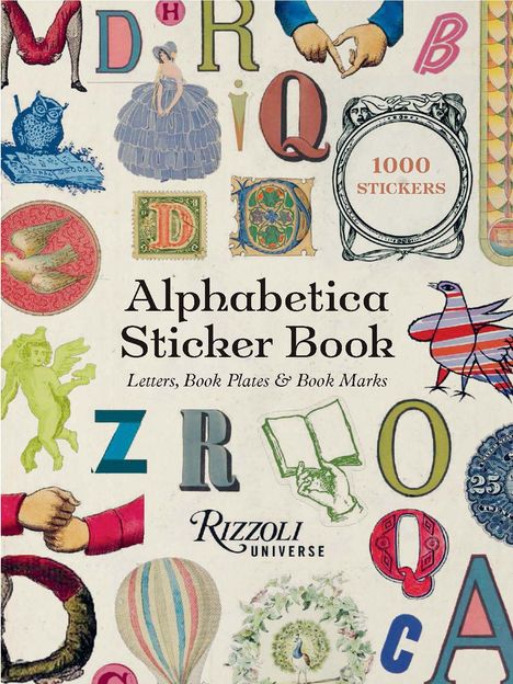 "Alphabetica Sticker Book" - Einband mit nostalgischen Buchstaben, Symbolen, und "1000 Stickers"-Text in einem kunstvollen Kreis.