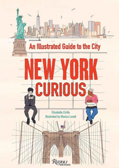 "New York Curious" in Großschrift. Illustration: Skyline, Freiheitsstatue, Brooklyn Bridge. Zwei Personen sitzen nebeneinander.