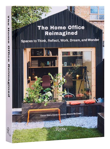 Buchcover: "The Home Office Reimagined" - modernes Büro im Garten, Holzfassade, Sitzplätze, Pflanzen.