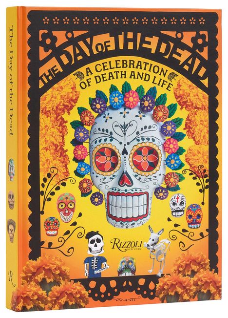 "The Day of the Dead: A Celebration of Death and Life." Lebhafte Totenkopf-Illustration mit Blumenkranz auf gelbem Hintergrund.