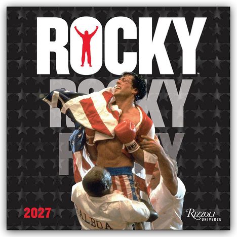 Text: "ROCKY" in Großbuchstaben, "2027" unten links. Boxer jubelt, eingehüllt in eine Flagge, wird von zwei Männern hochgehoben.