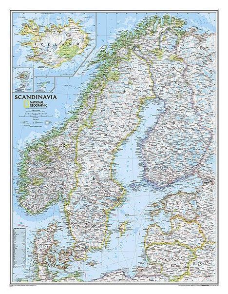 „SCANDINAVIA“, „NATIONAL GEOGRAPHIC“. Detaillierte topografische Karte von Skandinavien, mit Ländern, Städten und Gewässern.