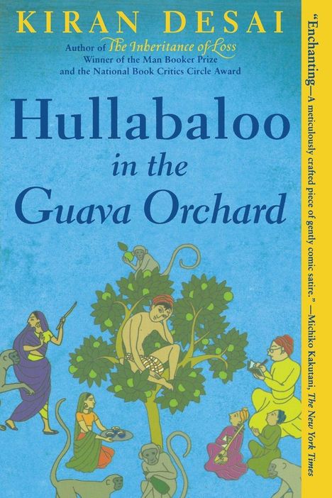 Titel: "Hullabaloo in the Guava Orchard". Illustrationen von Menschen und Affen in einem Baum, eine Frau mit Tablett.