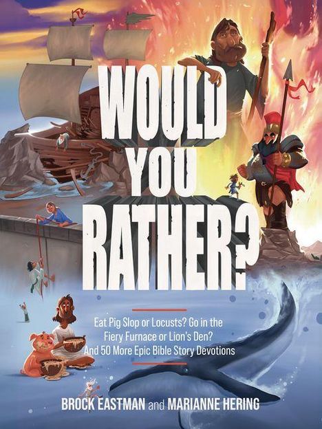 „Would You Rather?“ Abenteuerliches Bild mit biblischen Figuren, einem riesigen Wal, einem Schiff und antiken Soldaten.