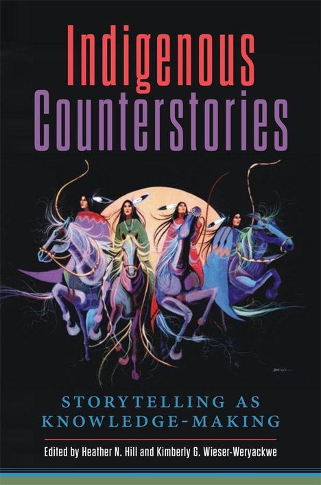 Text: "Indigenous Counterstories. Storytelling as Knowledge-Making. Edited by Heather N. Hill and Kimberly G. Wieser-Weryackwe."  
Illustration: Vier Personen auf Pferden vor einem dekorativen Hintergrund.
