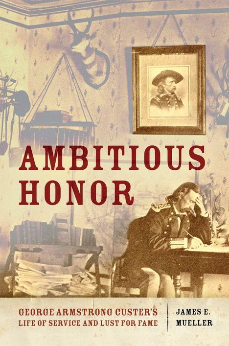 „AMBITIOUS HONOR“ in großer Schrift. Darunter ein Uniformierter, der am Tisch nachdenklich sitzt, umgeben von Büchern.
