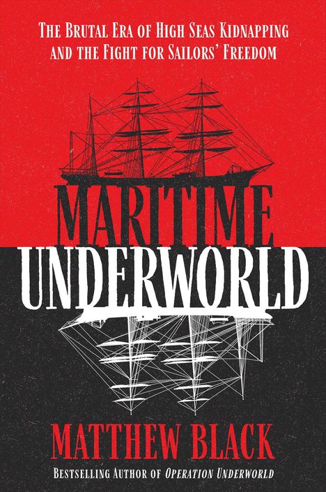 Sehr auffällige rote und schwarze Buchcover-Grafik mit dem Titel „Maritime Underworld“ und einem Segelschiff.