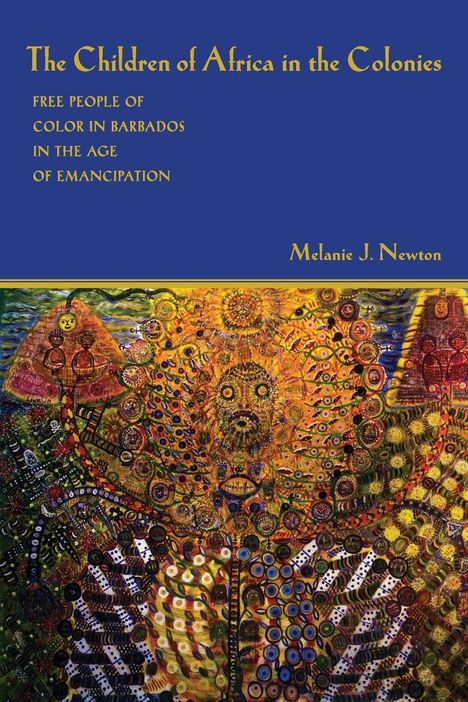„The Children of Africa in the Colonies“ oben, darunter ein buntes abstraktes Gemälde mit komplexen Mustern.