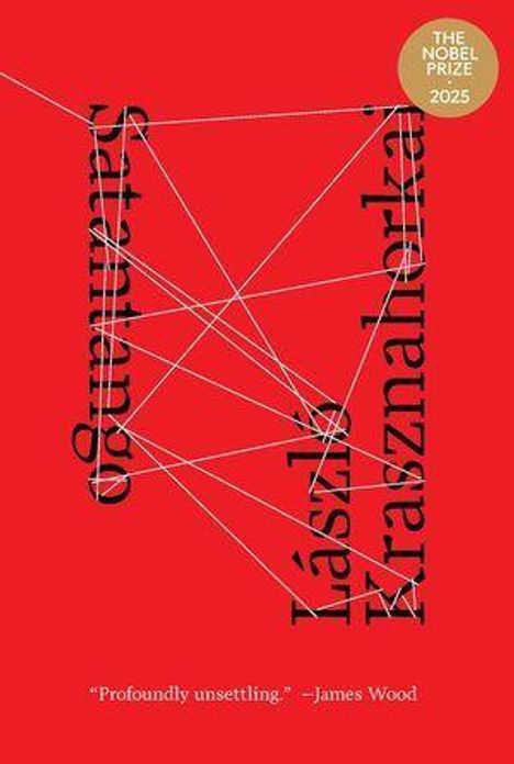 Text: "Satantango" und "László Krasznahorkai". Schwarzer Text auf rotem Hintergrund, verbunden durch weiße Linien.
