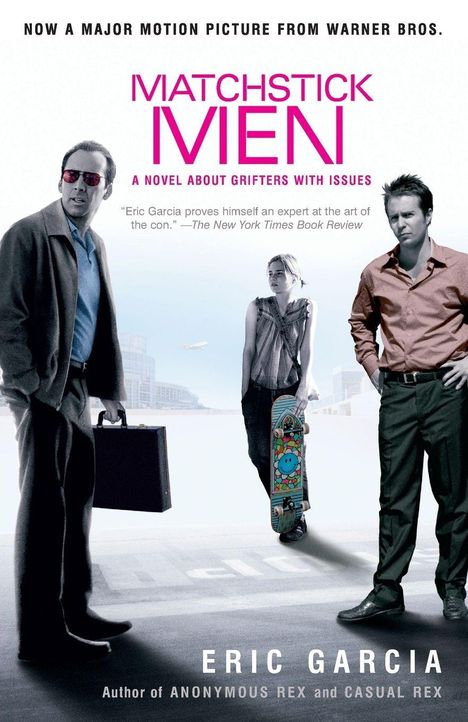 „Matchstick Men“, ein Roman über Betrüger. Drei Personen, einer mit einem Koffer, eine mit Skateboard.