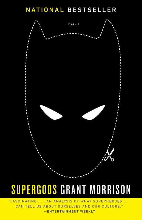 „NATIONAL BESTSELLER, SUPERGODS, GRANT MORRISON." Cover mit gestricheltem Superheldenmaskenumriss.