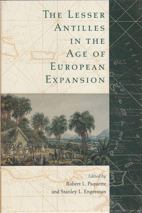"The Lesser Antilles in the Age of European Expansion" in grüner Schrift. Illustration: Menschen, Palmen, Hintergrund Landschaft.