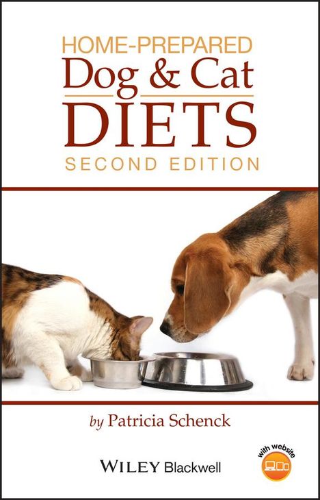 "HOME-PREPARED Dog & Cat DIETS SECOND EDITION by Patricia Schenck. Ein Hund und eine Katze fressen aus Näpfen."