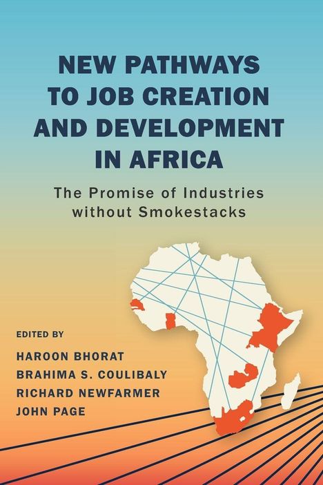 Text: "NEW PATHWAYS TO JOB CREATION AND DEVELOPMENT IN AFRICA." Karte Afrikas mit Netzwerklinien und orangefarbenen Bereichen.