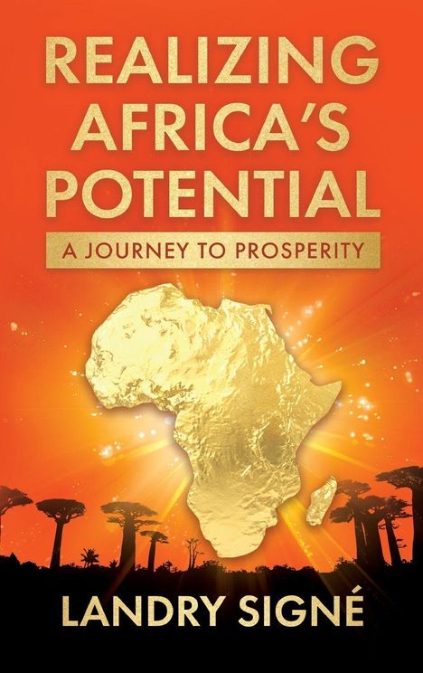 REALIZING AFRICA'S POTENTIAL: A JOURNEY TO PROSPERITY. Goldene Afrika-Kontinente auf strahlendem orangefarbenem Hintergrund.
