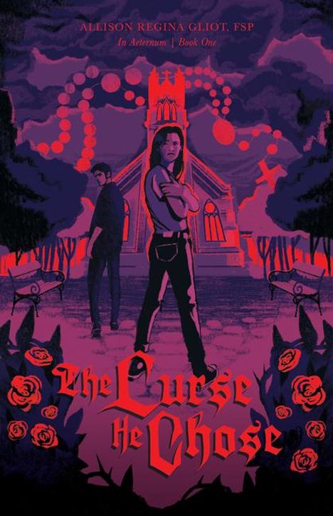 "The Curse He Chose" in roter Schrift, Kirche im Hintergrund, zwei Personen im Vordergrund, düstere Stimmung, violett-rot Töne.