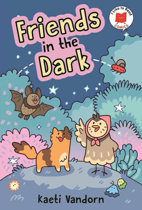 "Friends in the Dark" und "Kaeti Vandorn". Illustration: Nachtlandschaft mit Fledermaus, Katze, Vogel und kleinen Kreaturen.