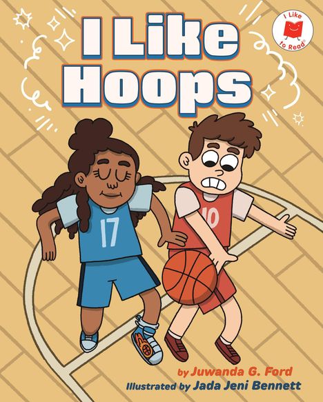 „I Like Hoops“ als Titel. Zwei Kinder spielen Basketball, ein Junge hält den Ball. Spielfeld mit Parkettmuster.