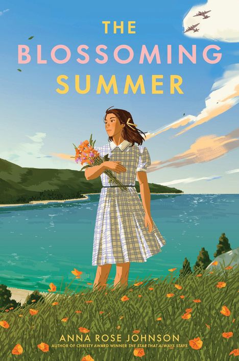 "The Blossoming Summer" und "Anna Rose Johnson" sind lesbar. Illustration: Frau in kariertem Kleid mit Blumenstrauß am Meer.