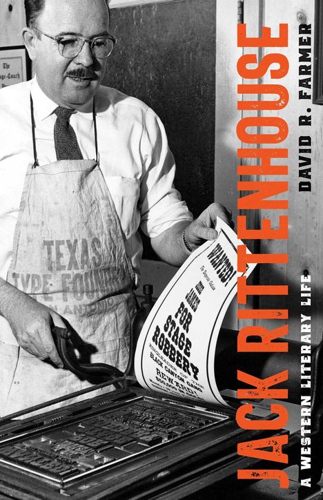 Jack Rittenhouse, Texas Type Foundry. Mann in Schürze bedient Druckerpresse. Poster mit "Wanted for Stage Robbery".