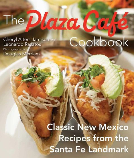 Text: The Plaza Café Cookbook. Abgebildet sind gefüllte Tacos mit Avocado, Tomaten und Koriander.