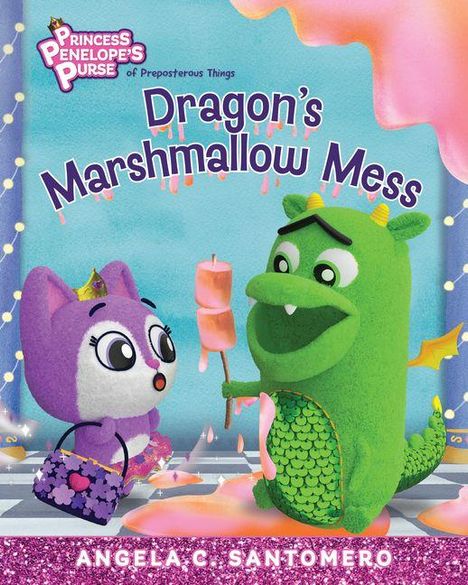 "Dragon’s Marshmallow Mess" zeigt bunte Cartoon-Figuren, eine lila Katze und einen grünen Drachen mit Marshmallows.