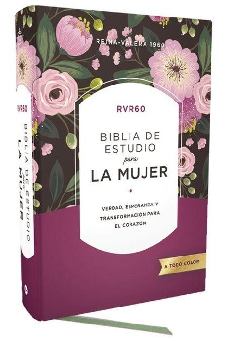 Titel: "Biblia de Estudio para la Mujer". Florales Design und lila Farbtöne.