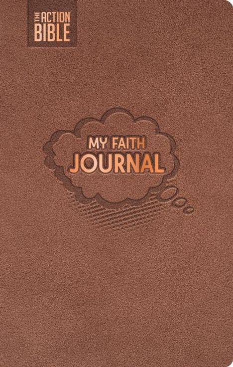"The Action Bible" und "My Faith Journal" auf einem braunen Hintergrund mit Gedankenblasen-Design.