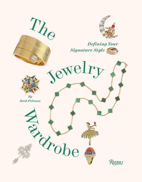 "The Jewelry Wardrobe" in grüner Schrift, mit einer goldenen Uhr, Halskette und bunten Juwelen abgebildet.