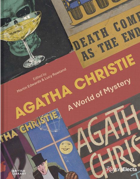 Text: "AGATHA CHRISTIE A World of Mystery". Verschiedene Buchcover und Illustrationen in Vintage-Stil mit einem Totenkopf und Cocktailglas.