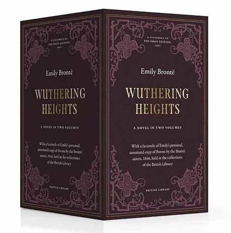 Die Texte zeigen: "Emily Brontë, Wuthering Heights, A Novel in Two Volumes." Dunkelviolette Box mit dekorativen Elementen.