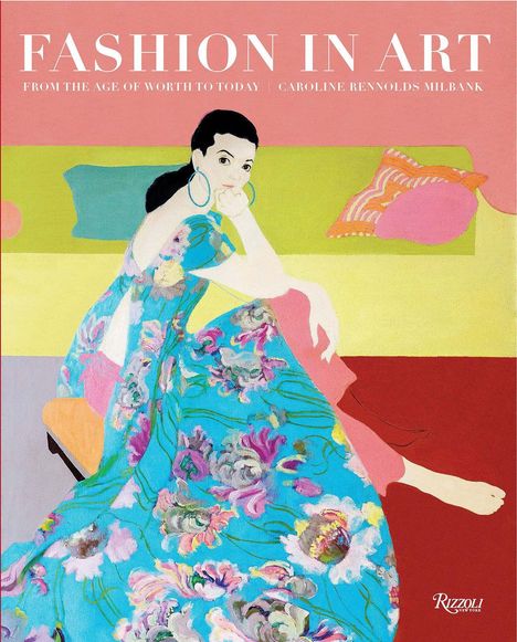 Titel: Fashion in Art. Eine Frau in einem blauen, blumigen Kleid sitzt auf einem Sofa.