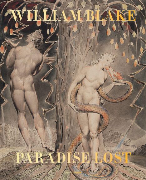 „William Blake“, „Paradise Lost“. Zwei nackte Figuren in einer Szene mit Bäumen und einer Schlange. Romantische Malerei.