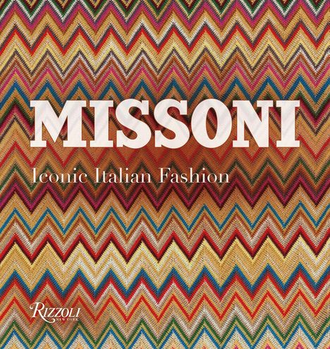 „MISSONI Iconic Italian Fashion“ auf buntem Zickzack-Hintergrund.