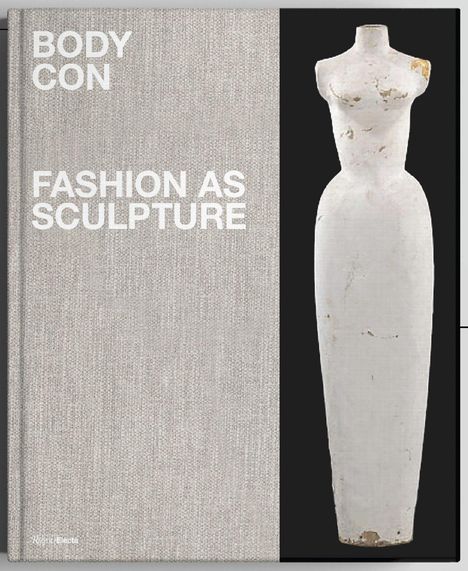TEXT: BODY CON FASHION AS SCULPTURE. Illustration eines Menschen in plissierter, skulpturaler Kleidung.