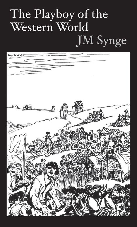 „The Playboy of the Western World, JM Synge“. Schwarz-weiße Zeichnung einer Menschenansammlung auf einem Feld.