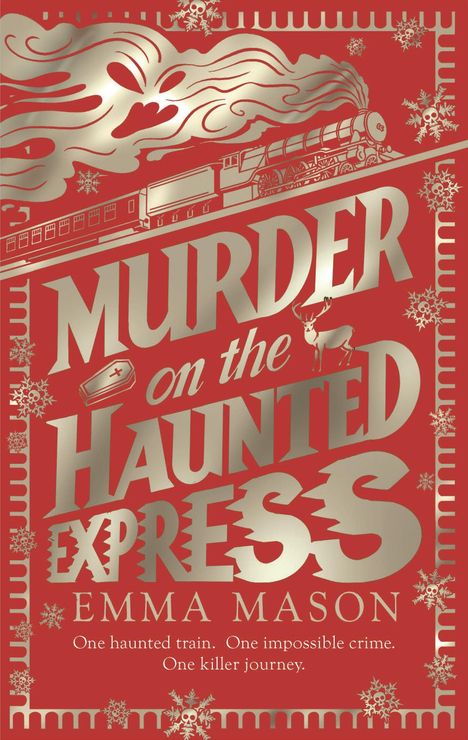 "Murder on the Haunted Express" von Emma Mason. Goldene Lokomotive und Totenköpfe auf rotem Hintergrund.