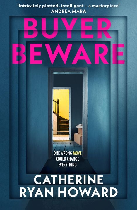 „BUYER BEWARE“ und „CATHERINE RYAN HOWARD“ heben sich in leuchtendem Pink ab. Ein langer, blauer Flurgang führt zu einer Tür.