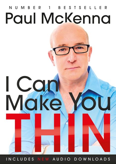 Texte: "Number 1 Bestseller, Paul McKenna, I Can Make You Thin, Includes New Audio Downloads." Mann mit Brille in blauem Hemd.