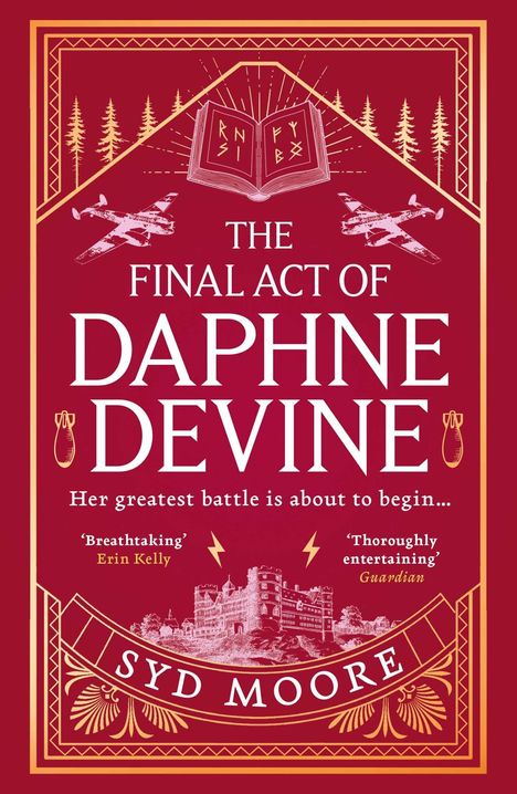 Buchtitel: "The Final Act of Daphne Devine". Zitat: "Breathtaking" und "Thoroughly entertaining". Flugzeuge, Bäume, ein Buch.