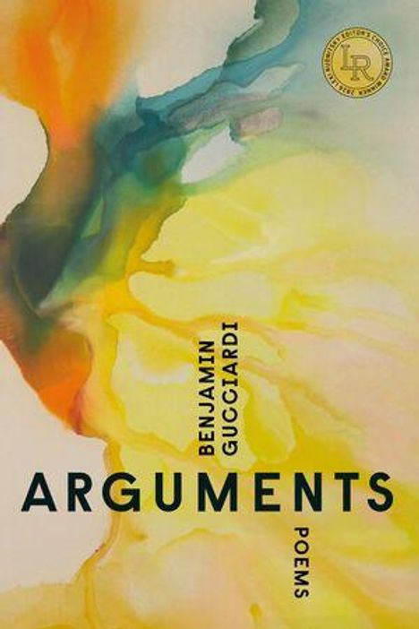"ARGUMENTS", darunter "BENJAMIN GUCCIARDI" und "POEMS". Abstrakte Aquarellfarben in Gelb und Grün.