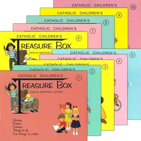 "Catholic Children's Treasure Box" in verschiedenen Farben, mit Kindern in fröhlichen Szenen, insgesamt 10 Ausgaben.
