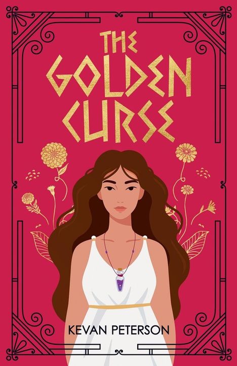 „THE GOLDEN CURSE” und „KEVAN PETERSON“ in goldener und schwarzer Schrift. Illustration: Frau in weißem Kleid mit langen braunen Haaren.