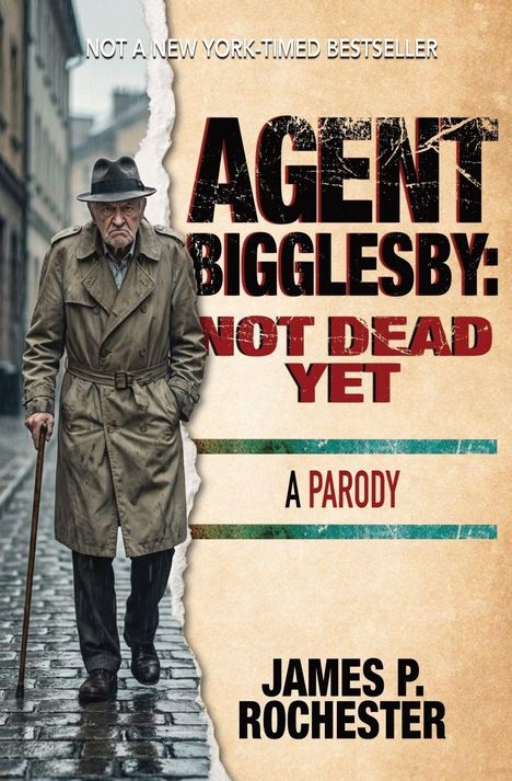 „Not a New York-Timed Bestseller. Agent Bigglesby: Not Dead Yet. A Parody. James P. Rochester.“ Alter Mann im Trenchcoat.