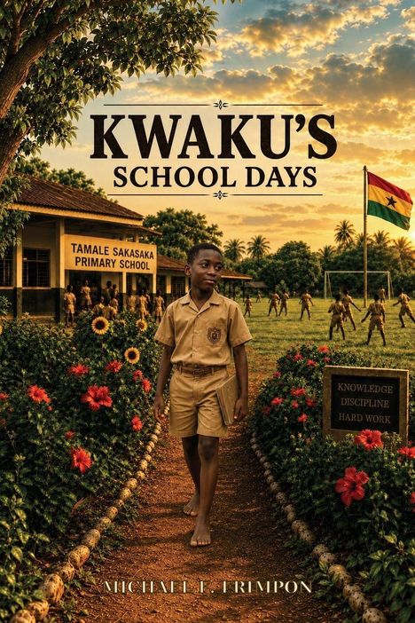 "KWAKU'S SCHOOL DAYS" oben, "TAMALE SAKASAKA PRIMARY SCHOOL" Schild links, Schüler in Uniform, ghanaische Flagge, Palmen.