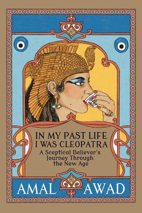 "In My Past Life I Was Cleopatra" steht oben. Illustration von Cleopatra mit goldenem Kopfschmuck und blauem Augen-Make-up.