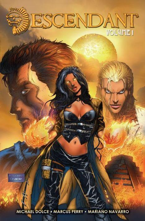 "DESCENDANT VOLUME 1" steht vor einem leuchtenden Hintergrund. Im Vordergrund eine Frau mit leuchtenden Händen.