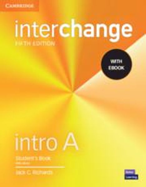 "Interchange Fifth Edition", "with eBook", "intro A", "Student’s Book", "Jack C. Richards". Gelbes, rotierendes Design.